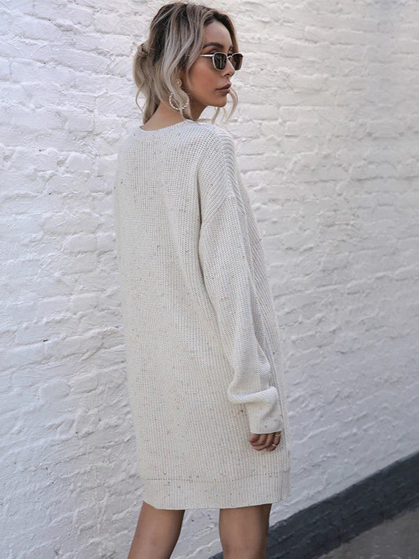 Women's Parchment Style Pullover Low Collar Long Sleeve Knitted Sweater Dress