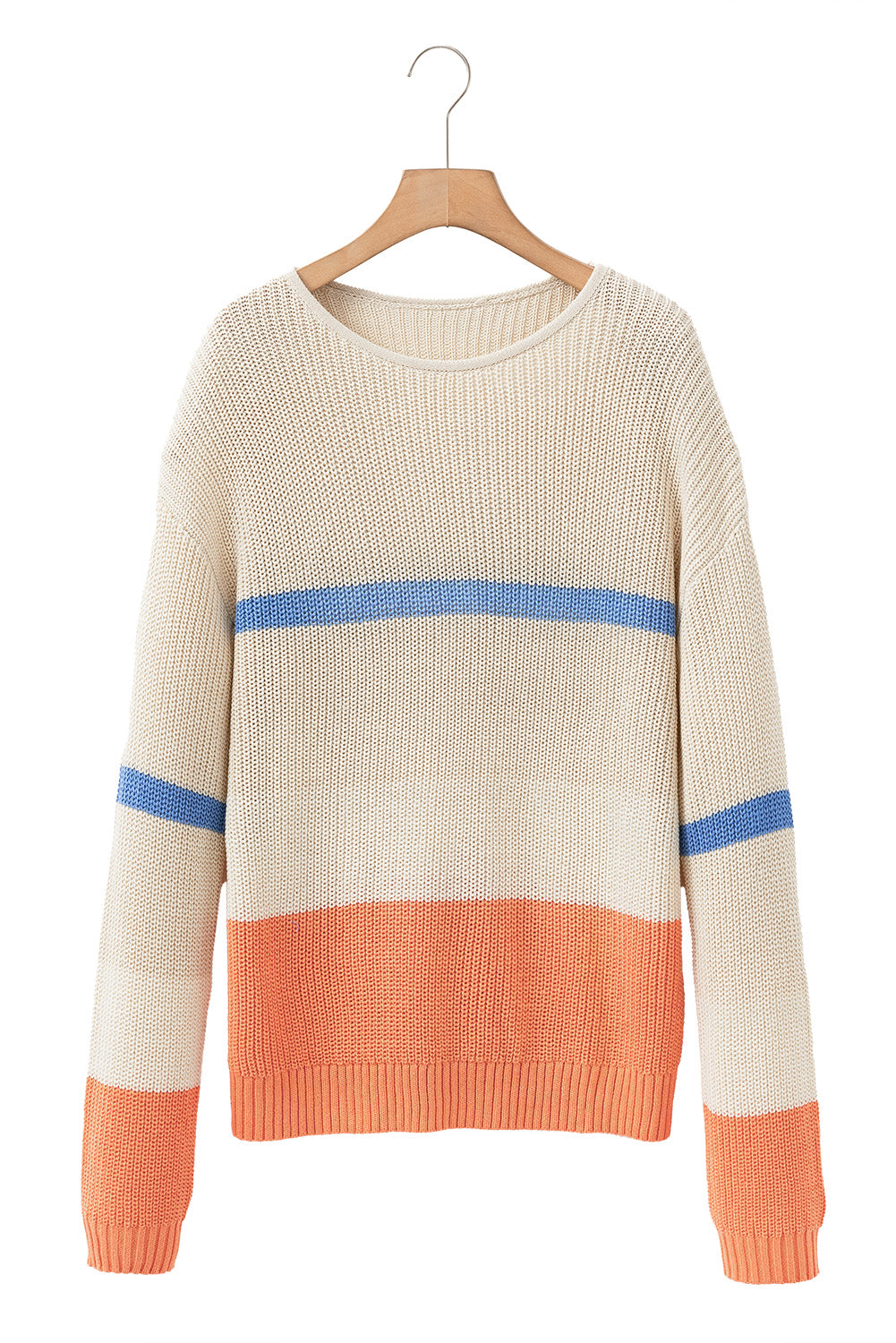 Beige Colorblock Striped Drop Shoulder Cozy Sweater