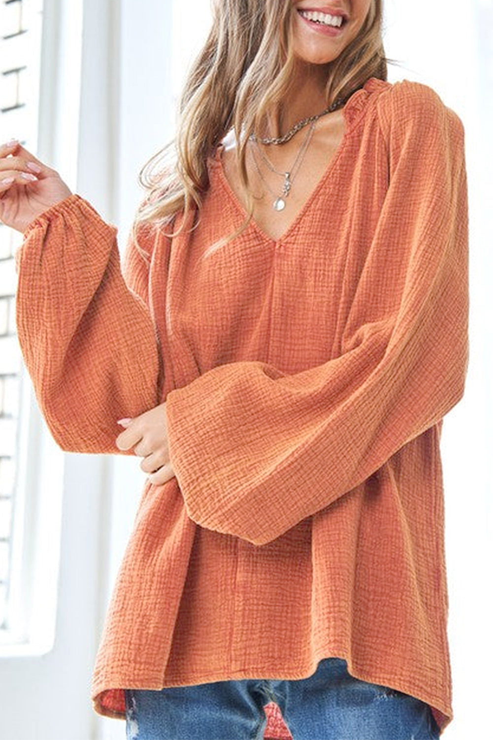 Orange Crinkle Textured Frill Split Neck Puff Sleeve Blouse