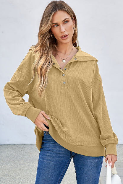 Simply Taupe Solid Ribbed Knit Buttoned Drop Shoulder Oversized Hoodie