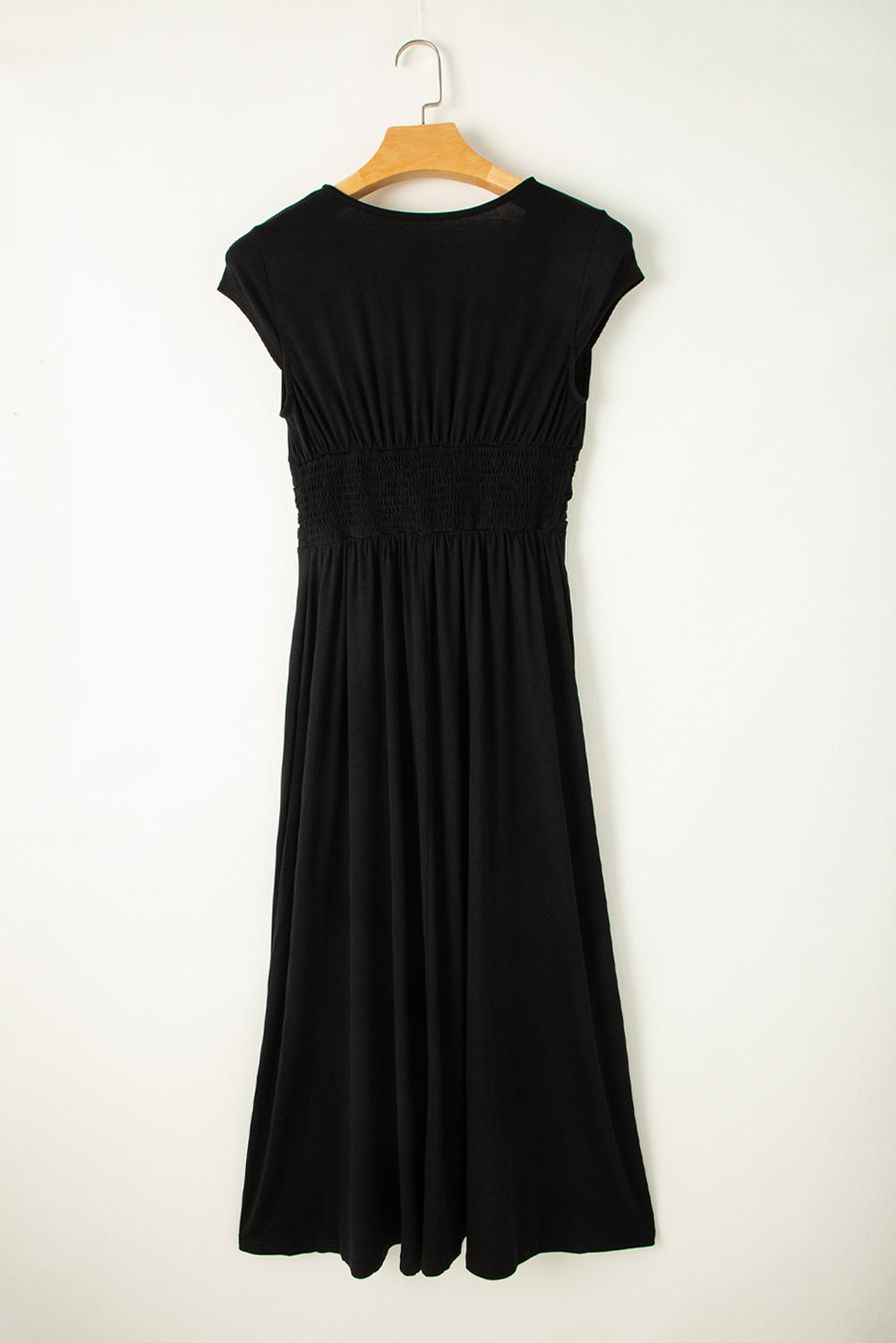 Black Short Sleeve Shirred High Waist V-Neck Maxi Dress