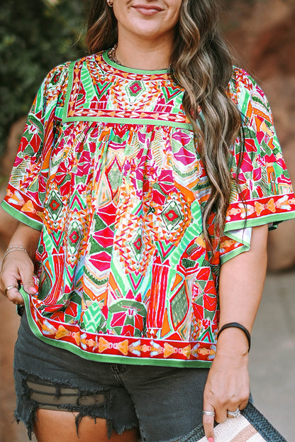 Green Fashion Printed Wide Sleeve Plus Size Blouse