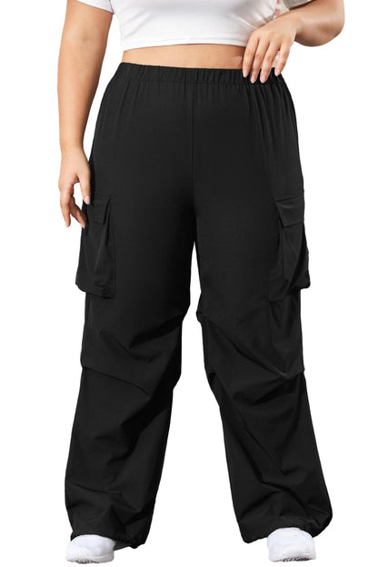 Black Plus Size Flap Pocket Elastic Waist Cargo Pants