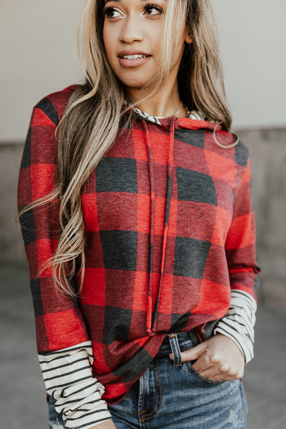 Fiery Red Christmas Plaid Striped Patchwork Drawstring Hoodie