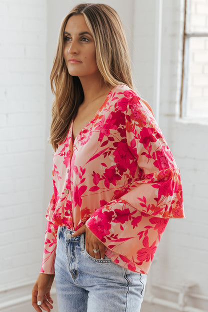 Pink Floral Print Tiered Bell Long Sleeve Buttoned Bodysuit