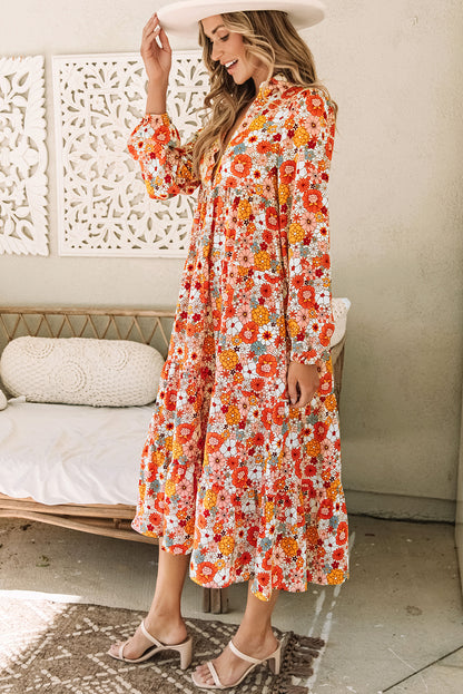 Multicolor Boho Floral Collared Long Sleeve Ruffled Midi Dress