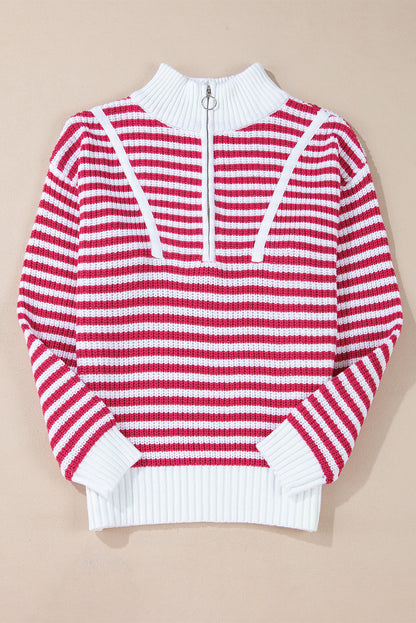 Pink Stripe Zip up Collar Drop Shoulder Sweater