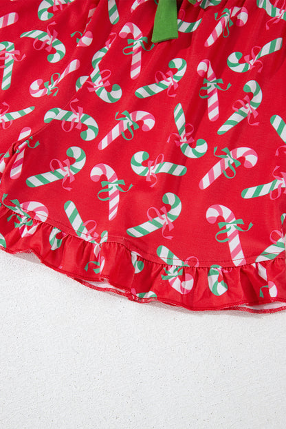 Red Christmas Candy Cane Print Pocketed Knotted Pajama Set