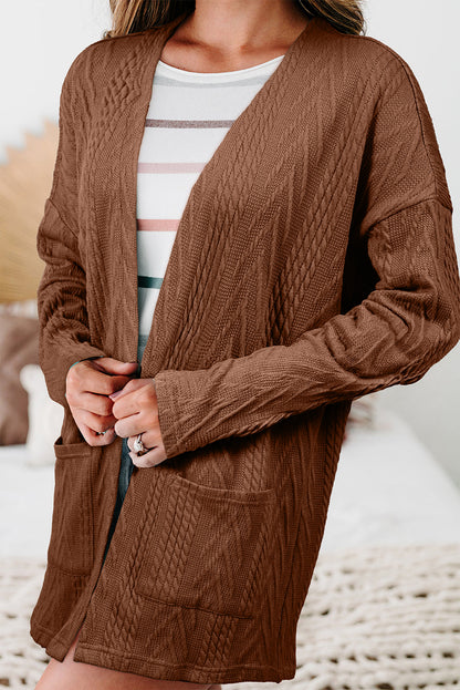 Coffee  Solid Textured Open Front Cardigan with Pocket