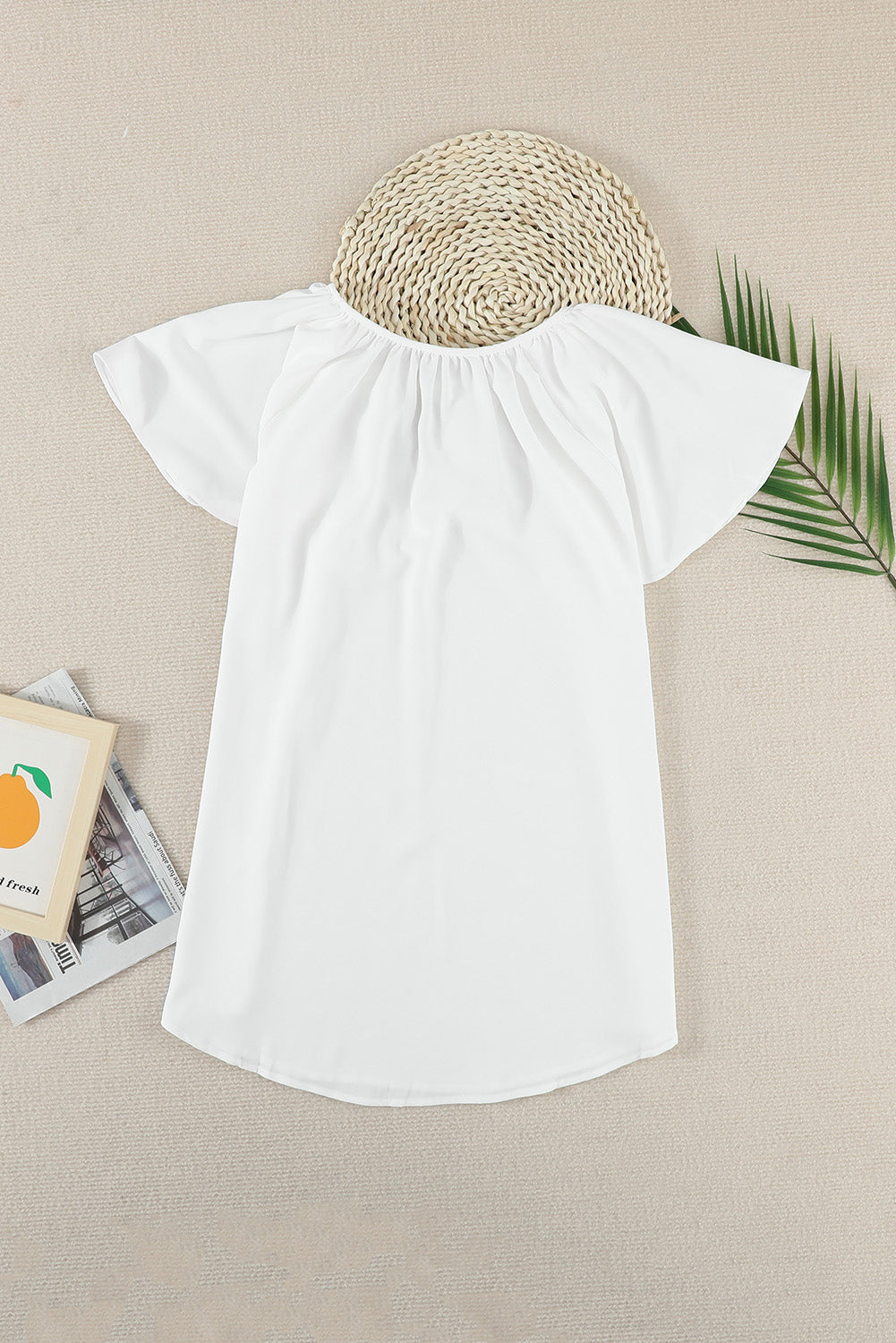 White Solid Drawstring Ruffled Short Sleeve Blouse