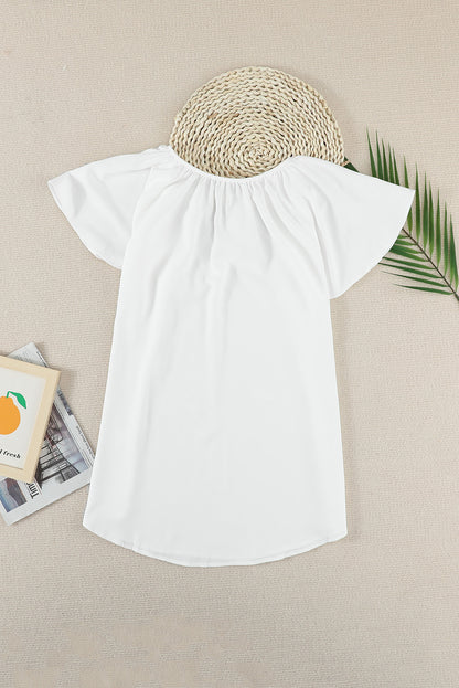 White Solid Drawstring Ruffled Short Sleeve Blouse