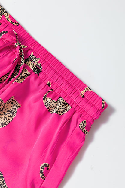 Strawberry Pink Cheetah Print Satin Shirt and Shorts Lounge Set