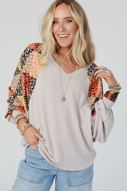 Parchment Contrast Printed Raglan Sleeves Patchwork V Neck Loose Top