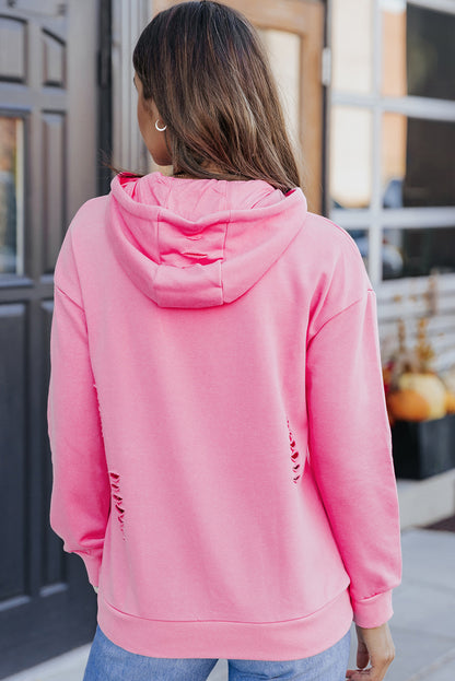 Pink Solid Ripped Hooded Sweatshirt with Kangaroo Pocket