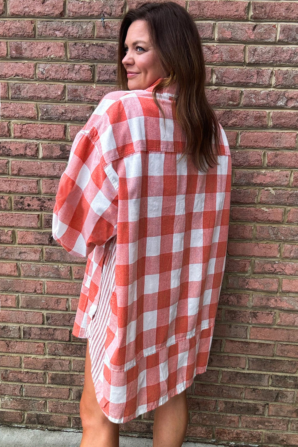 Pink Oversized Plaid Puff Sleeve Round Hem Shirt Dress