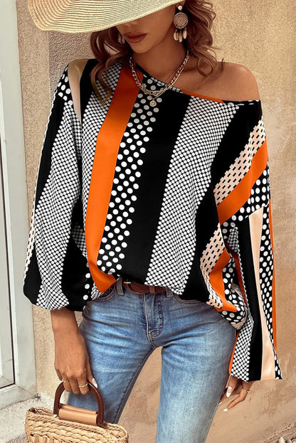 Orange Polka Dot Vertical Striped Printed Puff Sleeve Blouse