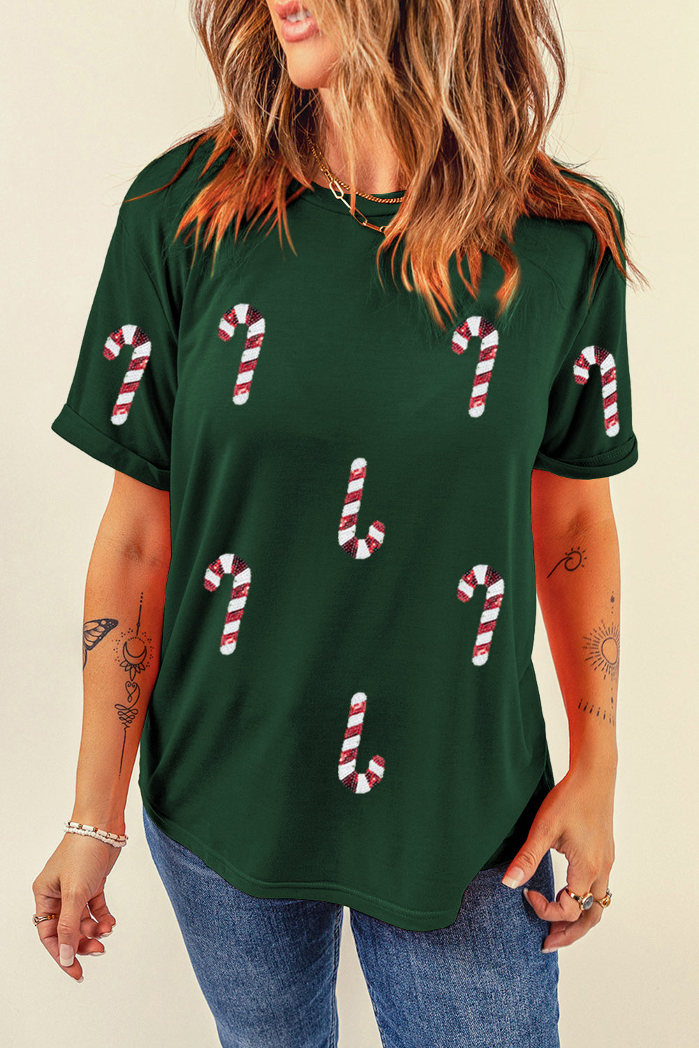 Green Christmas Candy Cane Graphic Casual T Shirt