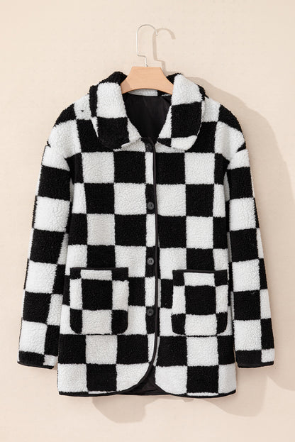 Black Checkered Side Pockets Collared Buttoned Fleece Jacket