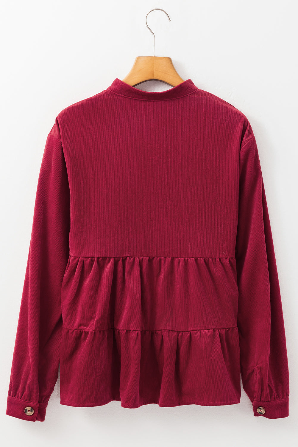 Burgundy Corduroy Ruffle Tiered Buttoned O Neck Shirt