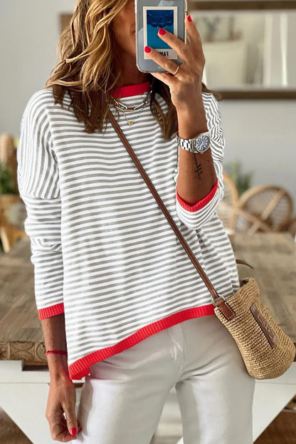 Gray Contrast Trimmed Striped Drop Shoulder Sweater