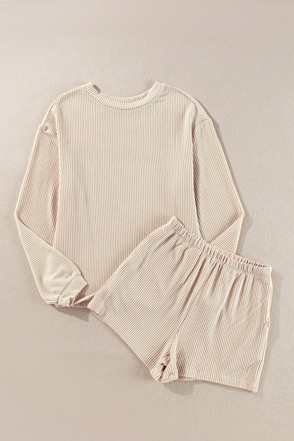 Parchment Corded Knit Long Sleeve Top and High Waist Shorts Set