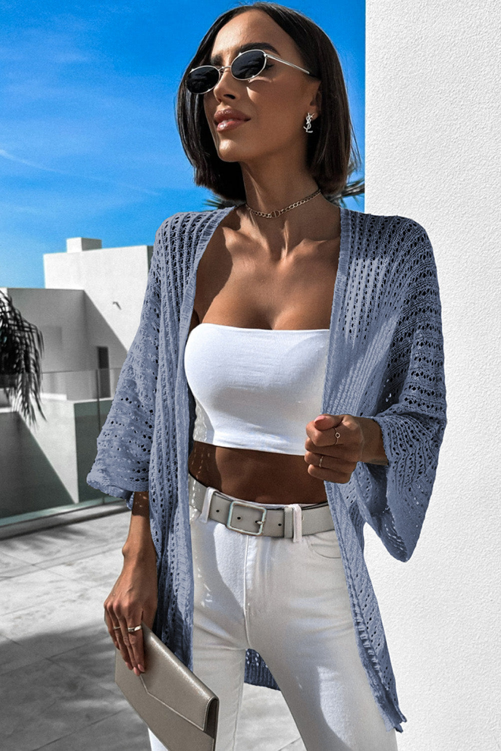 Sky Blue Hollow-out Bracelet Sleeve Knit Cardigan