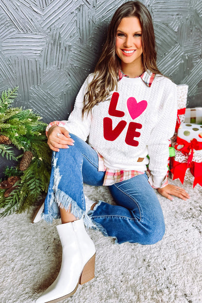 White LOVE Chenille Embroidered Cable Knit Pullover Sweatshirt