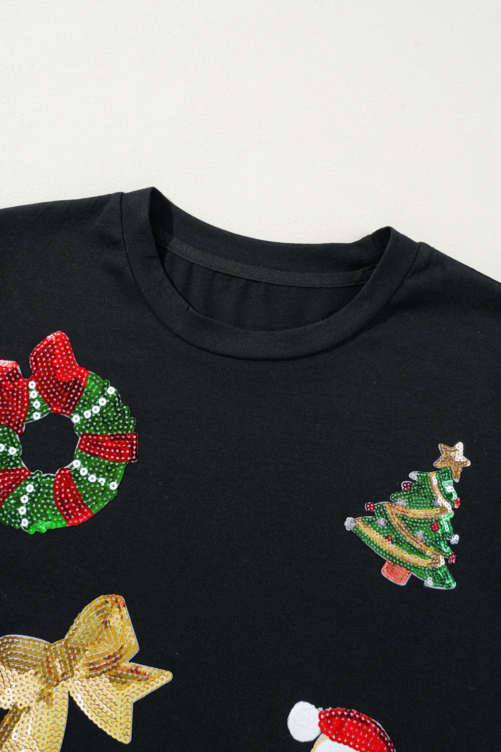 Black Sequin Christmas Essentials Graphic Crewneck T Shirt