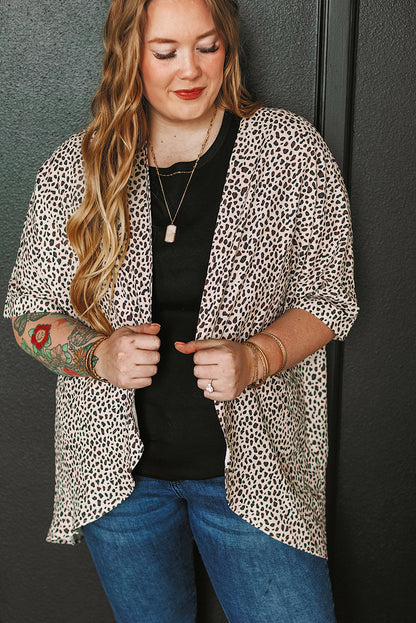 Khaki Plus Size Leopard Print Half Sleeve Open Front Cardigan