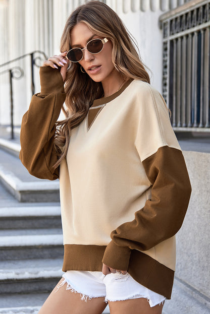 Apricot Color Block Thumbhole Sleeve Drop Shoulder Sweatshirt