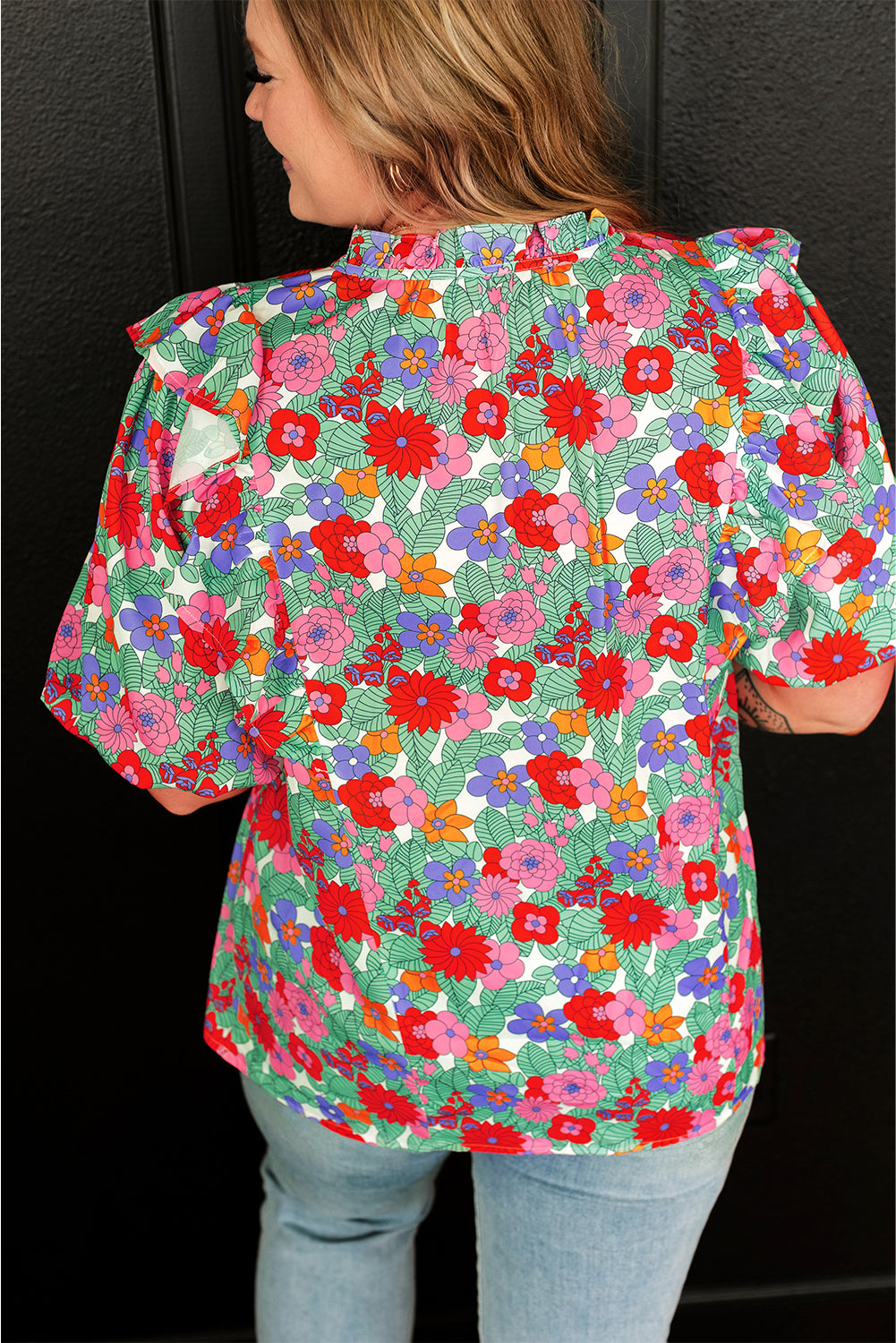 Multicolour Plus Size Floral Print Ruffle V Neck Bubble Sleeve Blouse