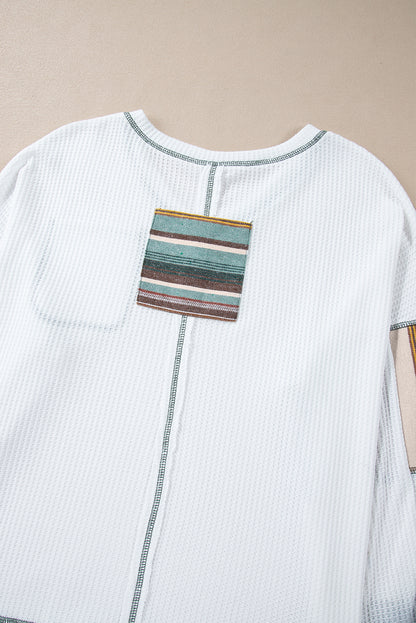 White Striped Patchwork Exposed Seam Waffle Knit Top