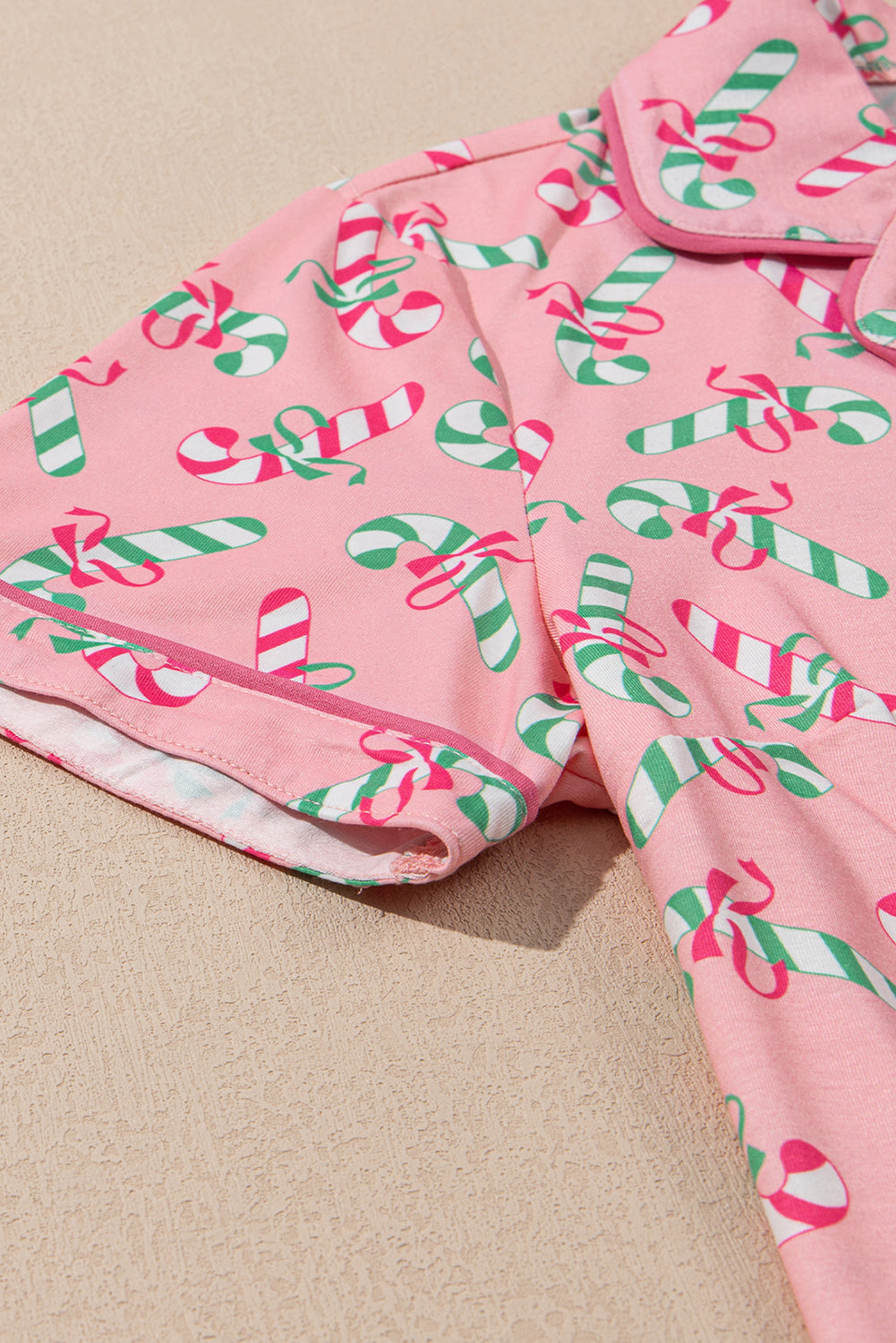 Pink Christmas Candy Cane Print Pocketed Knotted Pajama Set