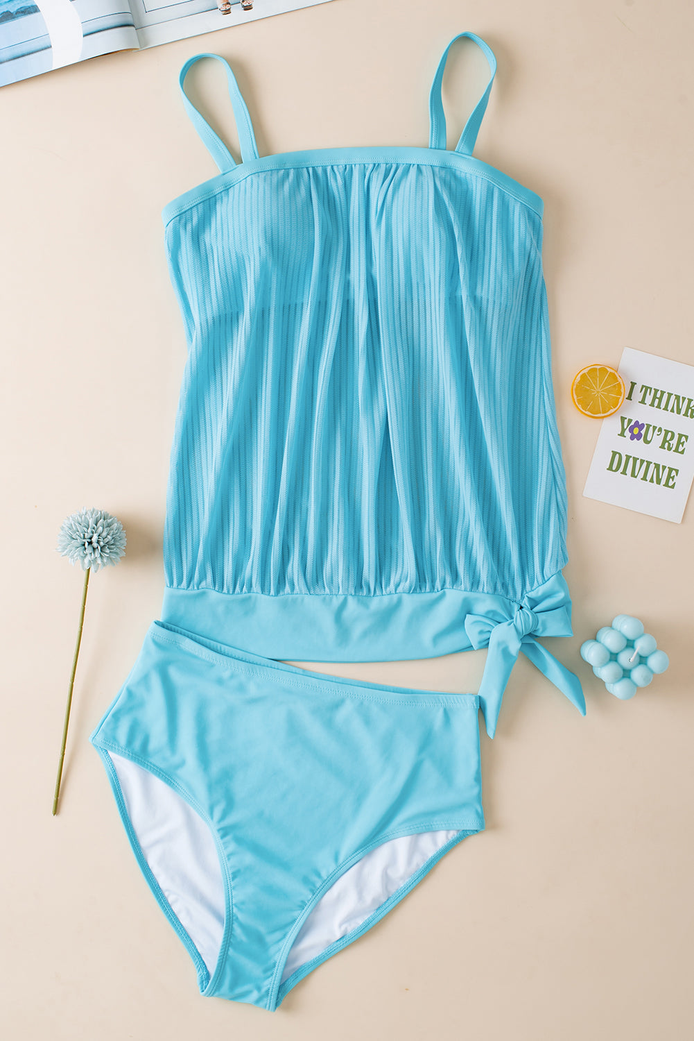 Turquoise Striped Mesh Knotted Hem Tankini Swimsuit