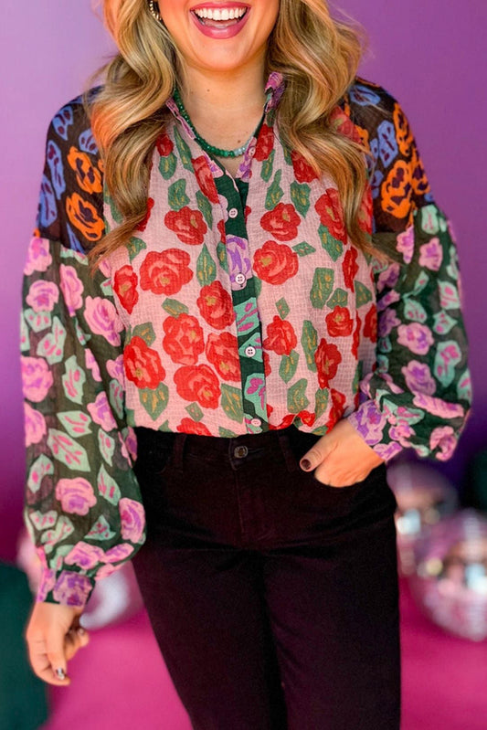 Red Colorblock Floral Printed Puff Sleeve Shirt