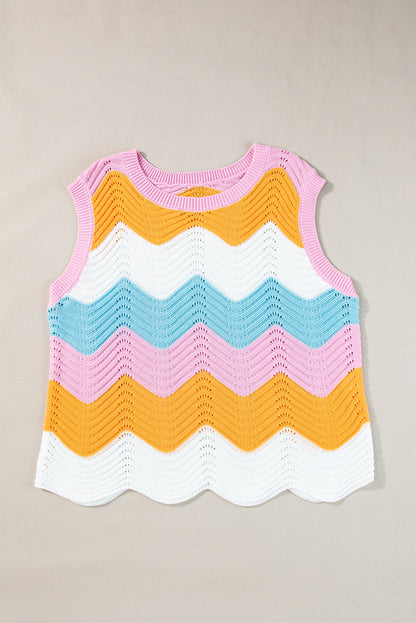 Multicolour Striped Colorblock Scalloped Hem Knitted Vest