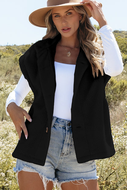 Black Sherpa Stand Collar Jacket Vest