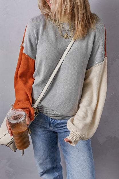 Coffee Colorblock Bishop Sleeve Ribbed Trim Sweater