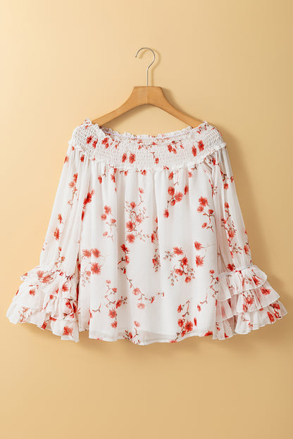 White Floral Print Shirred Off Shoulder Ruffled Sleeve Blouse