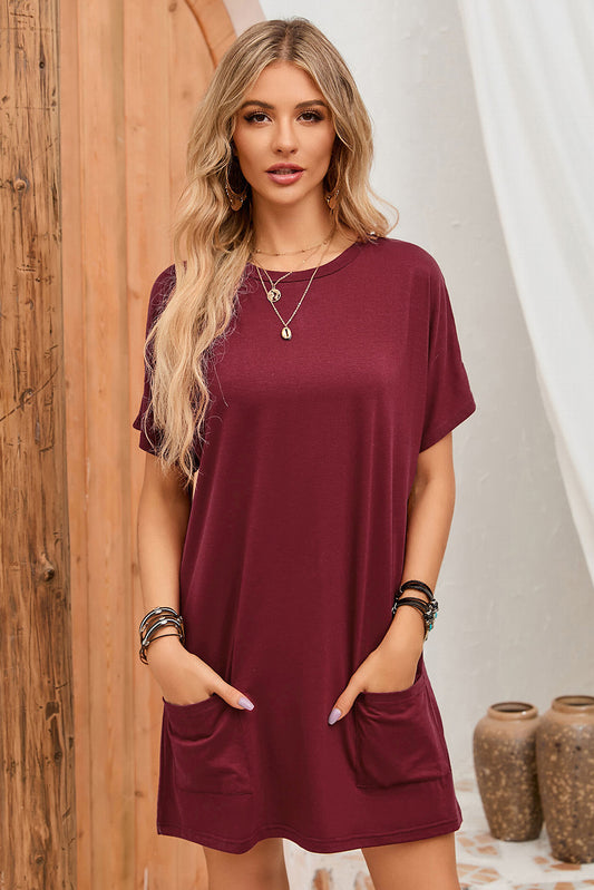 Side Pockets Short Sleeve Tunic Style Mini Dress