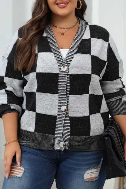 Black Checkered Drop Shoulder Buttoned V Neck Cardigan