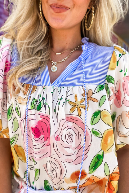 Multicolour Floral Print Striped Yoke Frilled V Neck Puff Short Sleeve Blouse