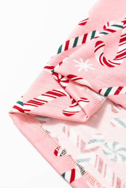 Pink Christmas Candy Cane Print Lapel Collar Shirt and Pants Two Piece Pajamas Set