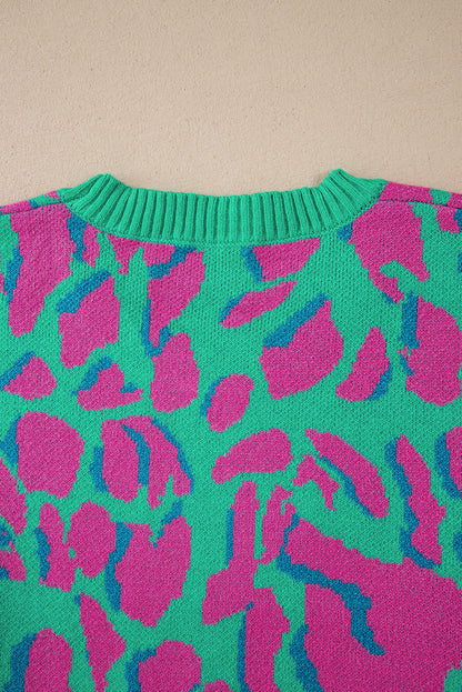 Green Abstract Print Ribbed Trim Baggy Sweater