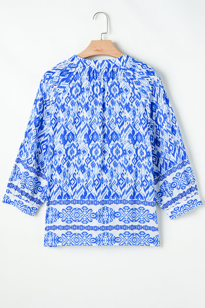 Blue Boho Printed 3/4 Sleeve Tied Neck Blouse