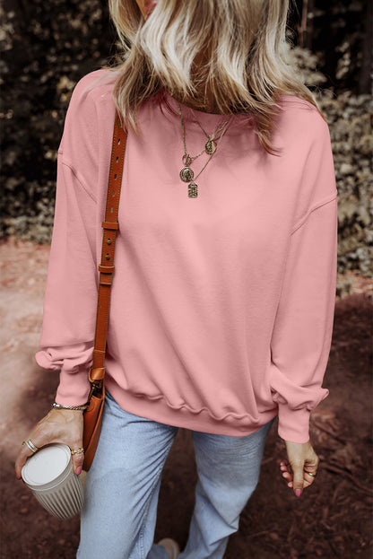 Pink Loose Drop Shoulder Ribbed Sweatshirt