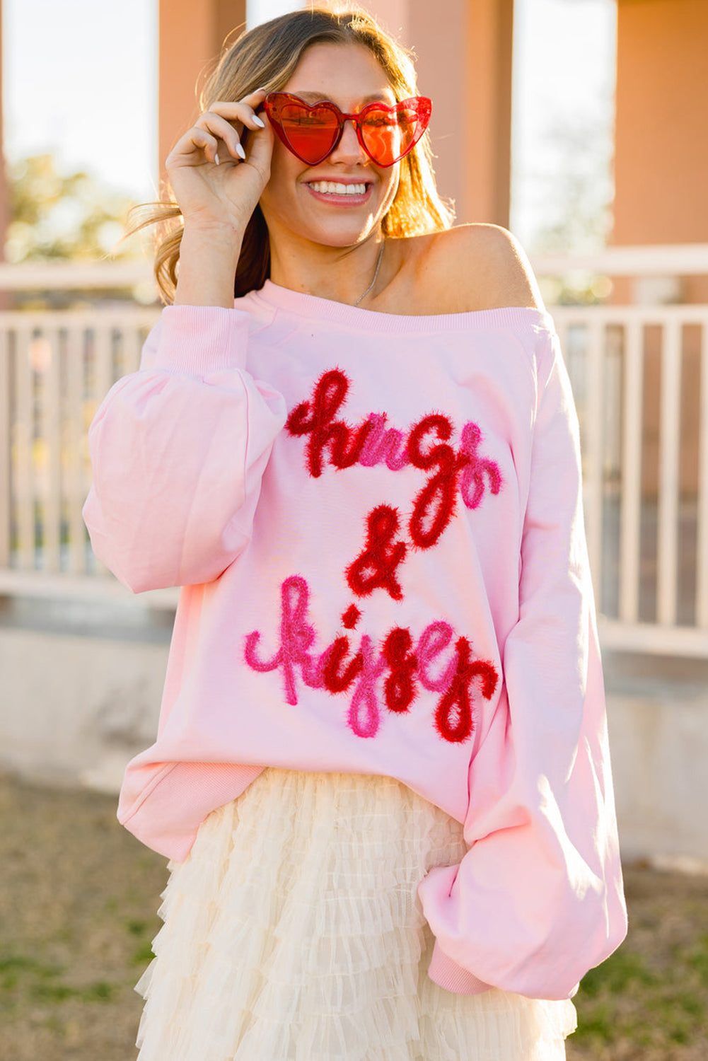 Pink Hugs and Kisses Pop Up Embroidered Raglan Sleeve Sweatshirt