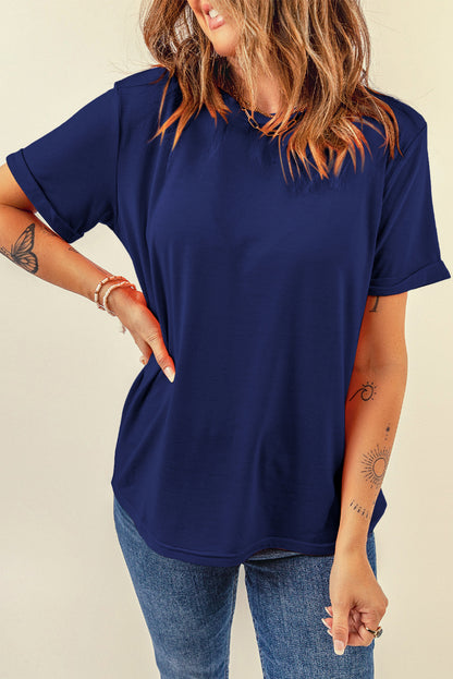 Blue Casual Plain Crew Neck Tee