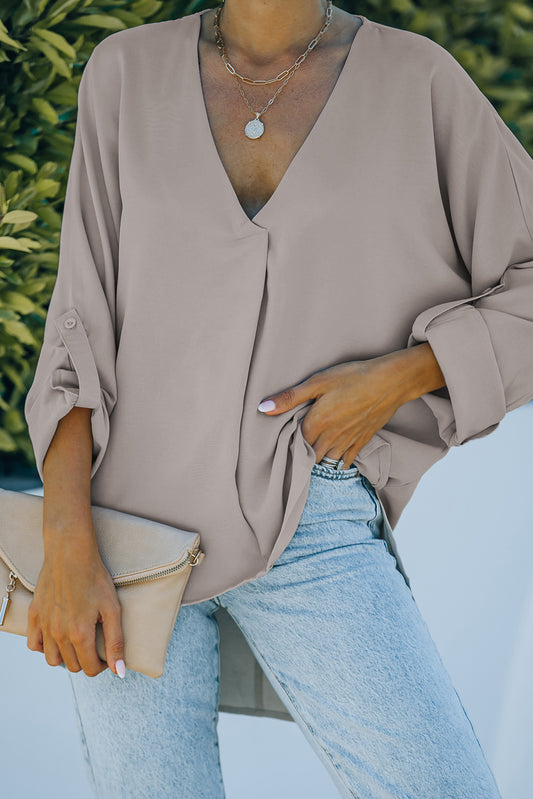 Apricot V Neck 3/4 Sleeve High Low Hem Shirt