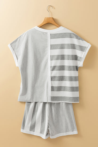 Gray Stripe Mixed Print Short Sleeve Top and Pocketed Shorts Set